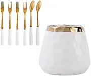 Generic 1 Set Ergonomic Dessert Spoon Fork Set with Storage Jar Forks Spoons for Party Kitchen and Dining Premium Stainless Steel Ceramic Easy to Clean Comfortable Grip