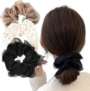 Organza Hair Scrunchie Large Hair Elastics for Women Girls Solid Color Hair Ponytail Holders for Women Big Hair Bobbles for Long Thick Hair Rubber Bands for Girls 3 Pcs