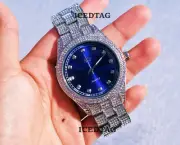 HIP HOP ICED BLING-ED OUT WH. GOLD PT LUXURY BLUE DIAL LAB DIAMOND MENS WATCH