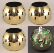 Votive Candle Holder Brass Green Glass Liner Tree Cutouts 4"D 3.25"H Set/4