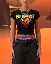 [ED HARDY] Ed Hardy Women's Blaze Baby T-shirt Black - Size 2XL 2XL Black