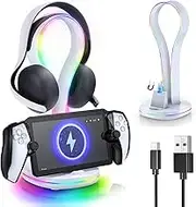 3-in-1 Magnetic Charging Stand for PlayStation Portal Remote Play, Case-Friendly Charging Station Dock for PS Portal Accessories, Headphone Stand for PS5 Pulse Elite Headset, 11 Light Modes & 2 x USB