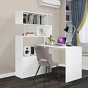 Luxsuite L Shaped Computer Desk Rotating Corner Desk Study Home Office Writing Table 3 Bookshelf & 2 Cabinet White