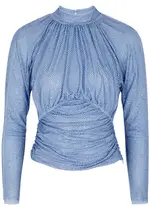 Self-portrait Crystal-embellished Ruched Mesh top - Light Blue - 12 (UK12 / M) 12 (UK12 / M)