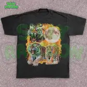 Retro Tiger Grunge Graphic Tee, Wildlife Moon Fantasy Shirt, Unisex Streetwear