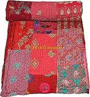 Patchwork Kantha Quilt, Cotton with Silk Vintage Kantha Gudri,Decorative Hand Stitch Bedspread, Throw Blanket Size (Single 60" x 90")