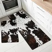 MAYHMYO Kitchen Mat for Floor Spotted White Brown Cow Texture Kitchen Rugs and Mats Non Skid Washable 17"X48"+17"X24" Set of 2 Kitchen Floor Rugs Mats for Home Laundry