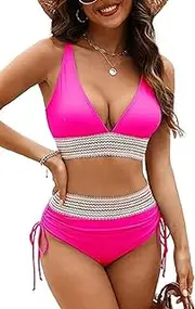 [Generic] Womens High Waisted Bikini Sets Color Block Swimsuit V Neck Tummy Control Swimwear Drawstring 2 Piece Bathing Suit