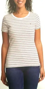 Tommy Hilfiger Womens Tee Cotton T-Shirt (White / Black Red Stripe, Medium) NWT
