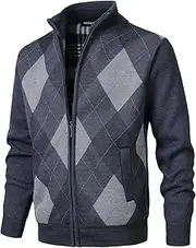 Herothorn Men's Argyle Cardigan Stand-Up Collar Fine Strike Pullover Fleece Lined Long Sleeve Knitted Jumper Knitted Winter Jumper Fleece Jacket