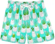 [RPLIFE] Kids Swimming Shorts, Anti Chafe Swim Trunks Boys 2 T, Cute Cacti Succulents White Geometric Pots