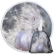 Stardust Magical Wild White Horse Round Beach Towel