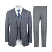Men's Suit Pants Vest Blazer Light Gray Checkers 3Pcs Slim Notched Lapel #2306
