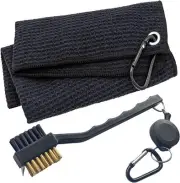 Golf Towel & Ball Brush Set Black Waffle Microfiber Gift for Golfer