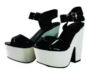 Peep Toe Chunky High Heels Ankle Strap Sexy Pumps Sandals Black/White Size 5