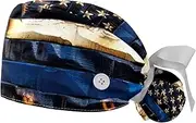 [WOSHJIUK] Working Hat 2 Pack Scrub Caps for Women,Blue Stripe American Flag,Tie Back Cap Adjustable Scrub Hat