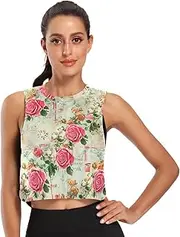 [ODAWA] Floral Roses Blooms Vintage Womens Sleeveless Crop Tops Athletic Running Tank Tops