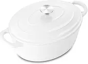 5QT Oval Dutch Oven Pot with Lid, Leonyo 5 Quart Enameled Oval Cast Iron Dutch Oven for Sourdough Bread Breaking, Heavy Duty Cookware for Braising, Stews, Roasting, White