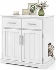 Costway Cat Litter Box Enclosure, Hidden Cat Washroom Side Cabinet Wooden Pet House w/ 2 Drawers, Double Doors, Anti-Toppling Devices, Modern Indoor Cat Furniture w/Storage for Kitten & Adult Cat