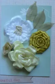 Satin Rosette LEMON LIME BITTERS +Velvet 2-7cm 4 Flowers+GoldLeaves Green Tara 2
