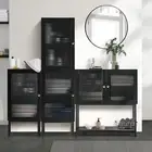 Oikiture Storage Cabinet Bathroom Toilet Cupboard Tempered Glass Door Black