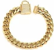 DRBASJHFO Dog Chain Collar Gold Dog Chain Collar,14mm Wide Cuban Link Puppy Collar Stainless Steel with Diamond Lock Bling Choke Collar for Dogs