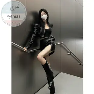 🌻Pythias🌻韓版ins 性感辣妹兩件套裝 女生套裝 短版皮衣套裝女 機車風短版外套+高腰包臀皮裙兩件套 緊身性