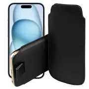 MEZON Apple iPhone 15 Plus (6.7") Pull Tab Slim Faux Leather Pouch Sleeve Case – Shock Absorption – Black
