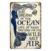 Tin Metal Sign Mermaid Her Dream Ocean Beach Wild Salt Air Night 20x30cm Rustic