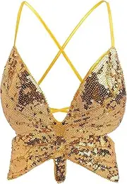 [JunHa] Belly Dance Bra Top Sexy Sparkling Glitter Butterfly Design and Open Back,Cut Tank Top for Belly Dance Outfits,Yellow