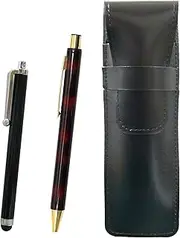 2 Pack Slim Cow Leather Pen Case Black Stylus and NQ30 Wide Shaft Metal Straight Knock Ballpoint Pen Set Marble T23-ASB708-NQ30B-M-2