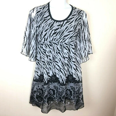 NWT Pink Apple Black Gray Dress Size Medium Empire Wasit Tunic Flutter Sleeve
