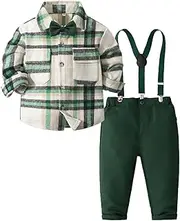 [Kimocat] Toddler Boy Clothing Sets Plaid Shirt Bowtie and Suspender Strap Pants Outfits
