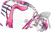 [WOSHJIUK] Working Hat 2 Pack Scrub Caps for Women,Tropical Pink Flamingos Leaves,Tie Back Cap Adjustable Scrub Hat