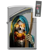 Zippo 82250 skull grim reaper hood scythe fire flames Lighter + FLINT PACK