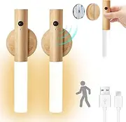 BLAZDEVE Wooden Wall Light with Motion Sensor Indoor, USB Rechargeable Indoor Wall Lamp Cabinet Lights, Warm White Wireless Battery LED Wall Light Indoor with Switch for Bedroom Stair Hallway