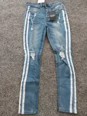 Boohoo Man Super Skinny Disttessed Jeans With Side Tape Blue Size 28 Small New