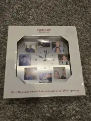 Photo Clock with Eight Photo Openings By Tabletop Memories Silver Aluminum -READ