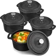 Suttmin 4 Pcs Mini Dutch Oven Small Round Iron Cocotte Black Dutch Oven Pot with Lid and Dual Handles Cast Iron Pot for Stovetop Use Marinate Cook Bake Refrigerate Garlic Roaster BBQ Grill (17 oz)