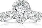 [JALOKIVI] 1.5CT 925 Sterling Silver Bridal Rings Sets for Women Pear Cut Halo Cubic Zirconia Promise Engagement Rings Size 4-12