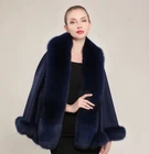 Women Cashmere Cape Poncho Real Fox Fur Trim Wraps Cloak Coat Outwear Parka
