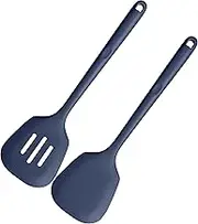 34.5cm Cooking Turners: 315℃ Heat Resistant Solid & Slotted Silicone Spatula Flipper, 9.5cm Wide & Large Rubber Kitchen Utensil for Nonstick Cookware (Midnight Blue, 2 PCS)