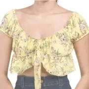 Almost Famous Lemon Yellow Floral Boho Peasant Front Tie Crop Top Size Large
