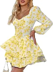 [ZPLxi] Womens Floral Corset Dress Square Neck Lantern Long Sleeve Double Layer Ruffle Hem A Line Short Mini Dress