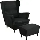 3pcs Wing Back Chair Slipcover With Ottoman Cover Rectangle Storage Stool Cover