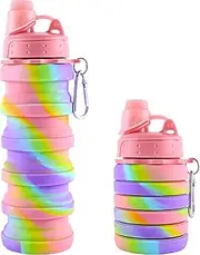 Rainbow Collapsible Folding Water Bottles for Kids, Students, Adults, Reusable BPA Free Silicone Foldable Sports Water Bottles for Travel Camping Hiking, Pink
