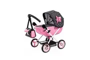 Bayer Cosy Doll Pram Pink With Black Hood & Pink Bow For Dolls Up To 46cm