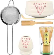 7Pcs Matcha Whisk Set Elegant Matcha Making Set with Matcha Whisk Matcha Whisk Storage Holder Matcha Powder Sifter Ceramic Bowl Tea Spoon (Beige)