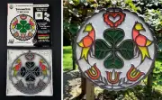 VTG NOS Floralier Faux Stained Glass Plastic Sun Catcher PA Dutch 4 Leaf Clover