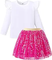 [Magic Park] 2-5T Toddler Girl Skirt Set Girls Long Sleeve Shirt Tops Sequin Skirt kid Birthday Holiday Party Outfits